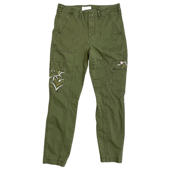 Anthropologie Green Embroidered Cargo Pocket Skinny Leg Crop Ankle Jeans - Picture 1 of 13